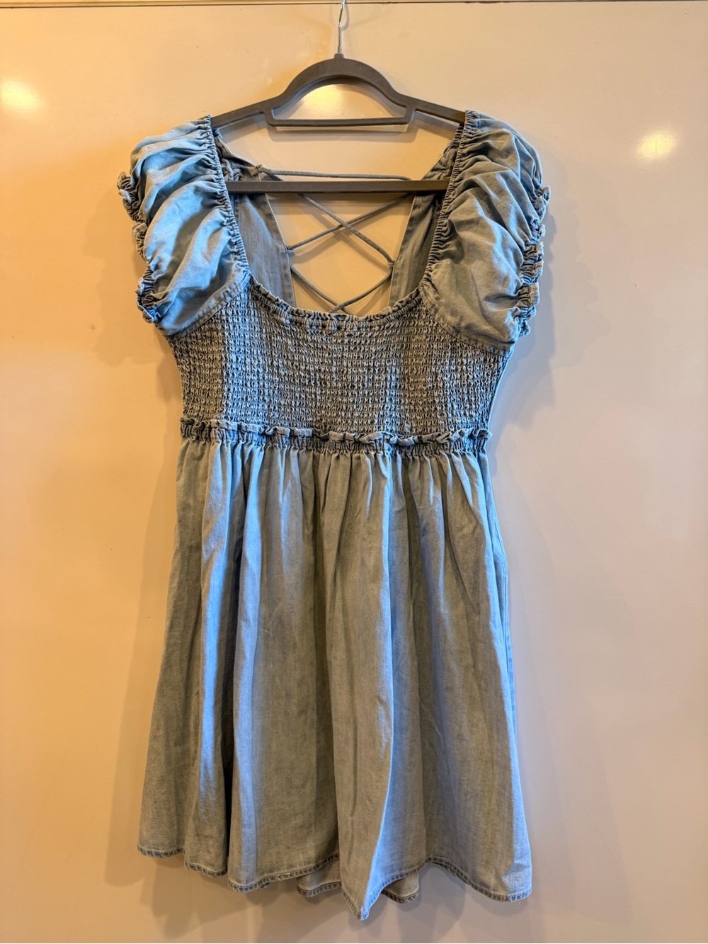 Free People Light Denim Blue Puff Sleeve Smocked Mini Dress